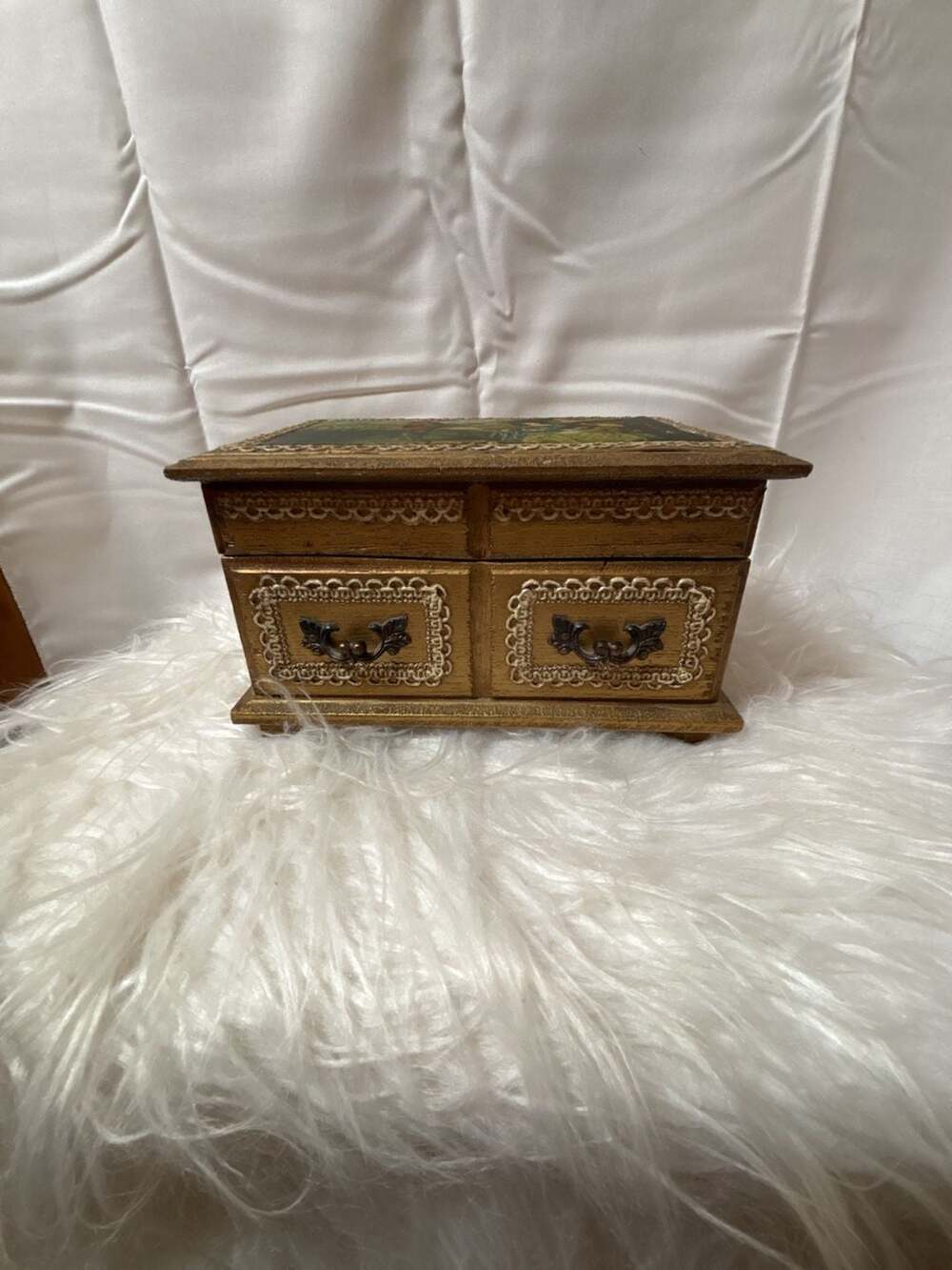 Vintage Japanese Music Jewelry Box with Antoine Watteau Le Foret d'Amour Print